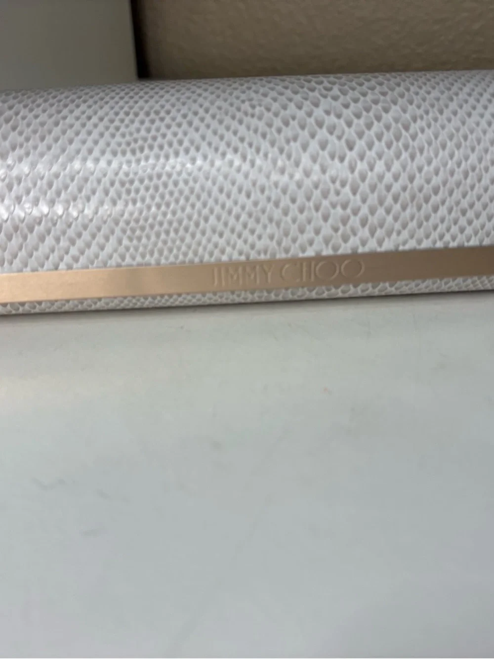 Jimmy Choo White Textured Snake-Embossed Sunglasses Case with Gold Trim